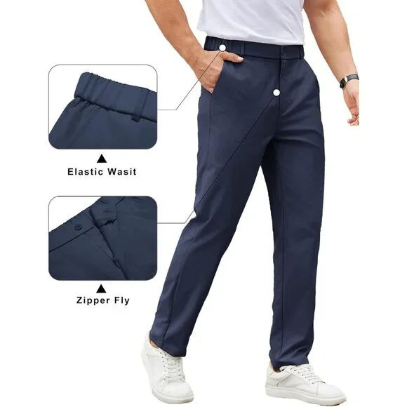 Coofandy Men Navy Blue Elastic Waist Business Dress Pants with Pockets